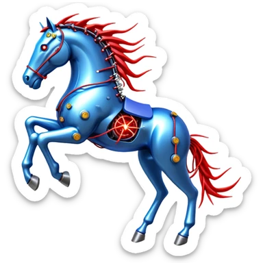 Fast running electric horse made of electricity, metal plates, bolts, blue and red wires, with lightning emanating from its body sticker