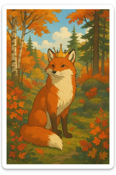 majestic red fox in a Scandinavian woodland, crown on head, vibrant foliage, serene setting, Ghibli animation style sticker