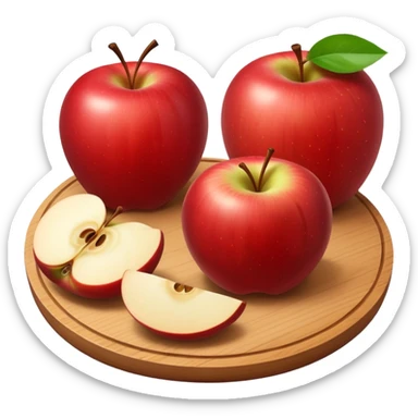 A round wooden board with a whole apple and several slices on it sticker