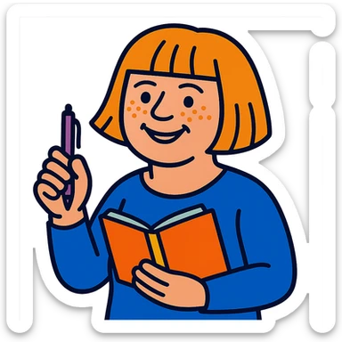 light-skinned woman in her 40s with strawberry blonde page haircut, round face, freckles, smiling, holding a pen and notebook sticker