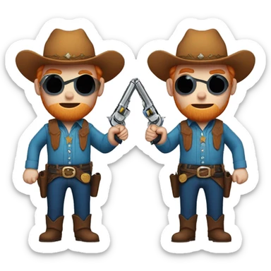 A ginger in blue cowboy clothes without a hat with two revolvers and a crossed wound on his chin sticker