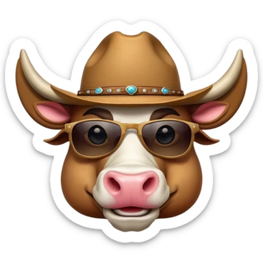 friendly anthropomorphised bull head wearing sunglasses and a cowboy hat sticker