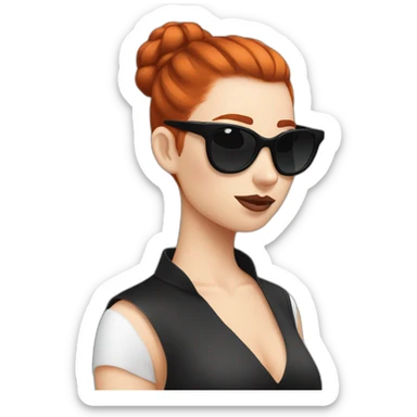 Bad Redhead girl bun Sun glass bun and wearing black with a cockatiel in the shoulder sticker