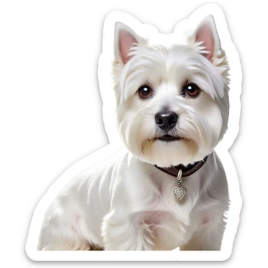Cinematic Noble West Highland White Terrier Portrait Emoji, Poised and regal, with a compact, sturdy build and a pristine, well-groomed pure white coat, deep-set soulful dark eyes, Simplified yet sharp and sophisticated features, highly detailed, glowing with a soft, dignified glow, high shine, intelligent and loyal, stylized with an air of confidence, focused and attentive, soft glowing outline, capturing the essence of a watchful and determined companion, so majestic it feels as though it could trot out of the screen with effortless authority! sticker