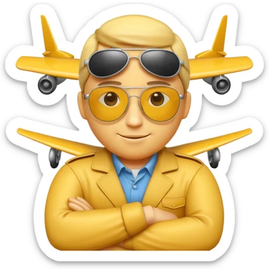 A 3D Apple-style yellow emoji character, classic round shape, wearing pilot-style sunglasses, arms crossed, small smile, a miniature airplane icon floating above its head, symbolizing “airplane mode,” clean cartoonish style, simple background. sticker