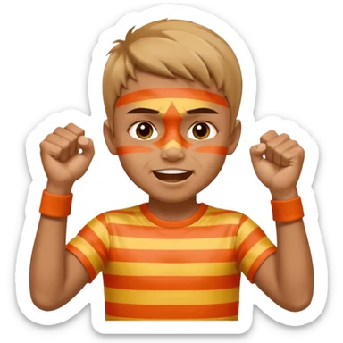 A boy with stripes face paint across his cheeks, raising his fists in excitement. sticker