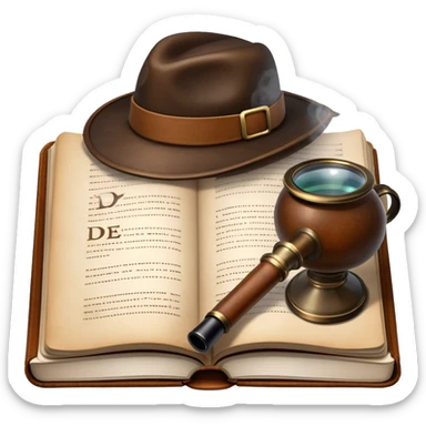 Icon for Detective Reading: an open book with text and a magnifying glass, a detective’s hat and a notebook with clues, surrounded by dark shadows and mysterious elements like footprints and a smoking pipe. Transparent background. sticker