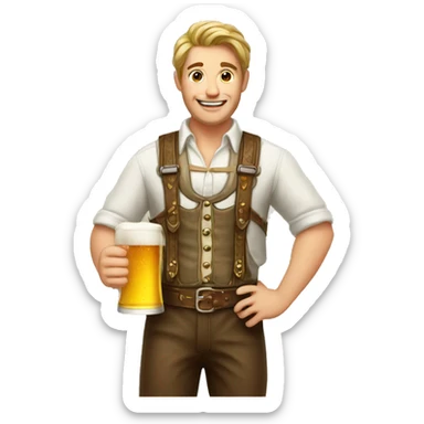 man in lederhosen holding beer sticker