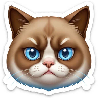 Cinematic Meme-Worthy Grumpy Cat meme Portrait Emoji, Head held high but eyes filled with dramatic disappointment, soft brown fur , white paws planted firmly in defiance, signature grumpy cat frown perfectly etched on its face, icy-blue eyes radiating pure disapproval, Simplified yet hilariously over-exaggerated features, highly detailed, glowing with an aura of supreme annoyance, high shine, exhausted yet judgmental, stylized with an almost regal pettiness, bright but brooding, soft glowing outline, capturing the essence of a feline that has seen it all and is thoroughly unimpressed, so meme-worthy it feels like it could instantly become the next viral sensation of grumpiness! sticker