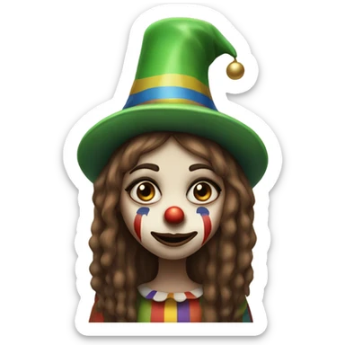 Sad clown girl with clown face paint wearing cap n bells cockcomb jester hat with long straight brown hair exaggerated expression on her face  sticker