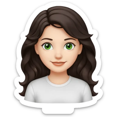 A White girl with wavy and dark hair, dark green eyes and a white shirt smiling sticker