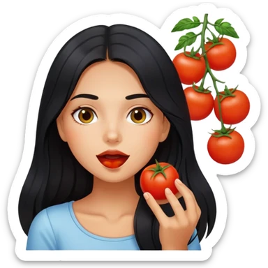 Pretty tanned girl with long black hair, eating tomatoes sticker