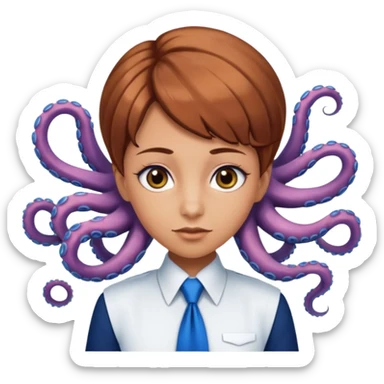 tanned, Doe hazel eyes, Octopus hair cut, White uniform top with blue tie, blue long skirt, Long lashes  sticker