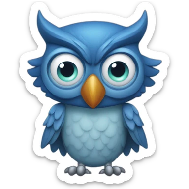 blue owl (hexa color 072a6b) with with devil horns, a wide grin, and eyes and eyebrows scrunched downward, looks angry, cartoon sticker