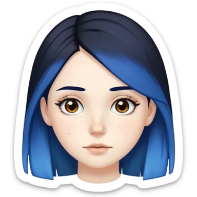 Pale girl with brown eyes and freckles, black hair, with two strips of blue hair sticker