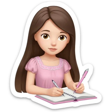 white brunette girl long hair with hazel eyes in a light pink dress writing in a notebook sticker