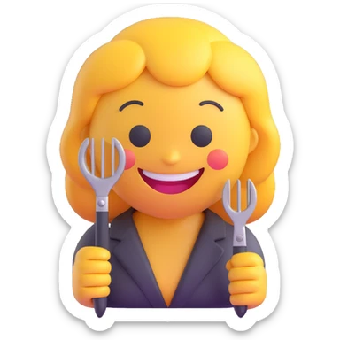 3D smiley emoji, circular shape, hairdresser with scissors and comb, smiling face sticker