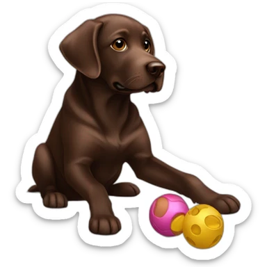 Chocolate labrador playing with toy sticker