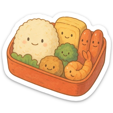Japanese style bento box with cute food faces, soft pastel kawaii hand-drawn style, full object sticker