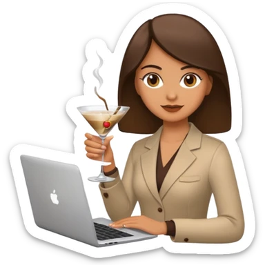 Woman holding martini and coffee with laptop sticker