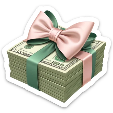Pink aesthetic Neat money stack tied with a blush satin bow, muted green $100 bills, soft luxury rich  sticker