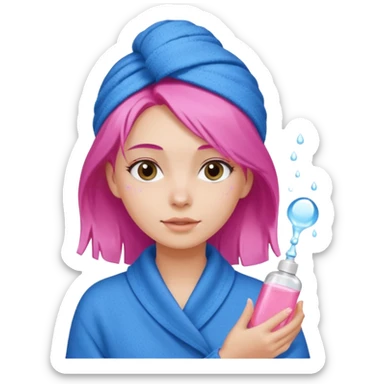 A girl grabbing a pink hair serum with a white shower towel in her hair with skincare on her face dressed in a blue sweater sticker