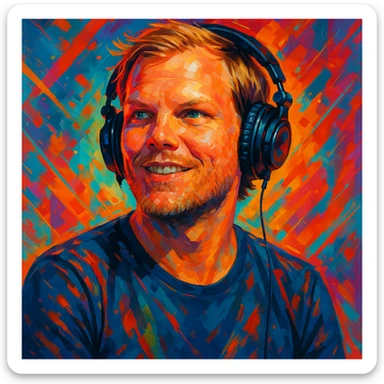 stylized portrait of Avicii age 36 wearing headphones, energetic and modern vibe sticker