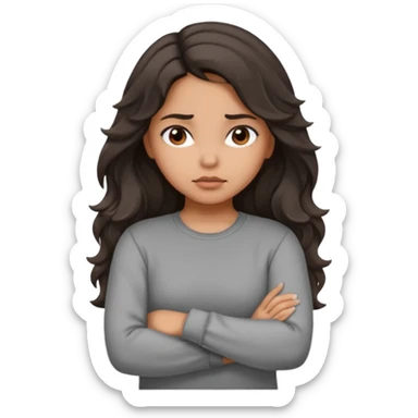 Hispanic girl with long dark brown wavy hair arms folded and  pouting. Gray long sleeve sticker