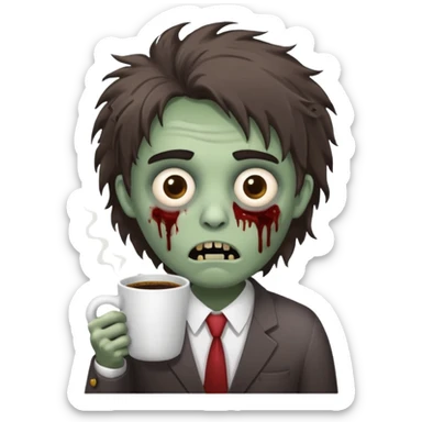 A cute but exhausted office worker character looking like a zombie, holding a giant cup of coffee, dark circles under eyes, messy hair, flat 2D vector art, white background, "Monday Vibes" text. cute sticker