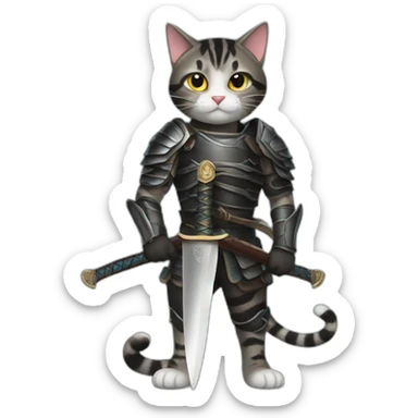 Black mackerel tabby cat holding sword sticker