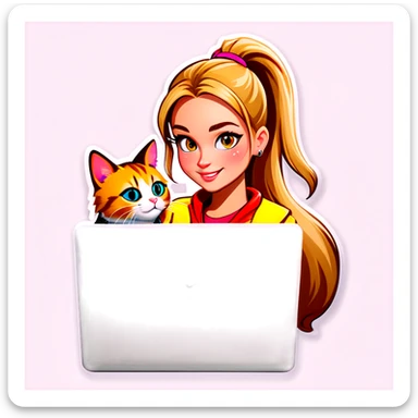 Blonde girl ponytail macBook and a cat sticker