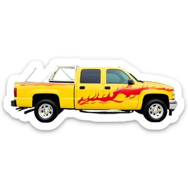 Yellow 1997 Chevrolet C-2500 Crew Cab Silverado with airbrushed red flame artwork on the hood and front fenders, custom painted flames like in Kill Bill movie, 30-degree view, iOS emoji style sticker