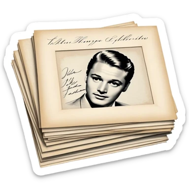Icon for Autograph Collecting: several vintage framed with signatures of famous celebrities sheets stacked one on top of the other, each . The icon should evoke the charm and history of collecting autographs. Transparent background. sticker