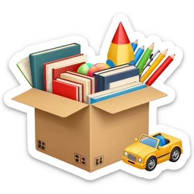 cardboard box with toys, rc, books, CD, realistic sticker