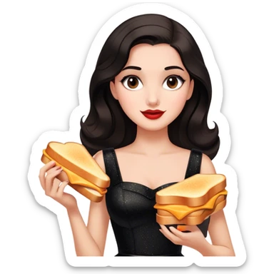 Beautiful woman in 1950’s woman fashion look, black shimmery dress, long dark brown hair, grilled cheese sandwiche sticker