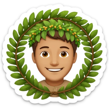 a man wearing a large leaf wreath sticker