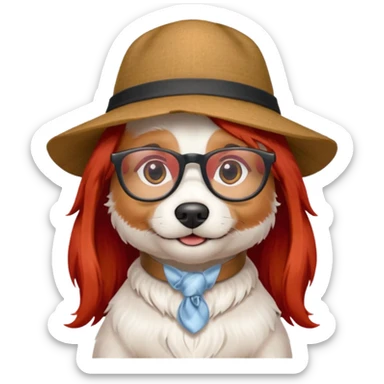 white dog with very red long hair and glassess and hat sticker
