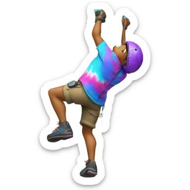 a climber climbing a rock climbing wall with no helmet and tie dye shirt sticker