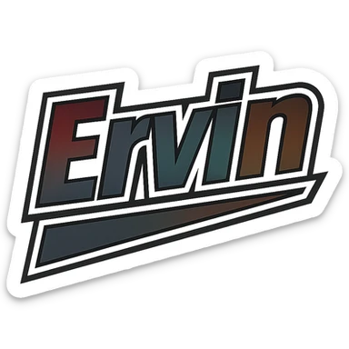 Ervin name in masculine, modern gradient font with dark contour, prominent and clearly visible white border like the sample image, dynamic slanted underline, masculine color shades including blue, gray, burgundy, green, brown, 1000x1000 px, PNG, transparent background, in the style of the uploaded sample. sticker