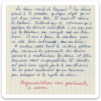 handwritten philosophy essay in French, high school, lined paper, messy French handwriting, grade 5/20 circled in red, teacher's comment in French: 'Argumentation non pertinente, à revoir' in red, visible corrections sticker