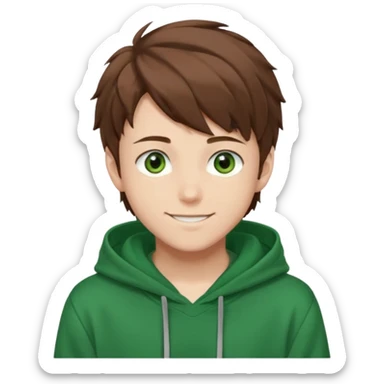 Anime teen boy with brown hair, green eyes, and a green hoodie, looking smiling slightly sideways positioned. 128px sticker