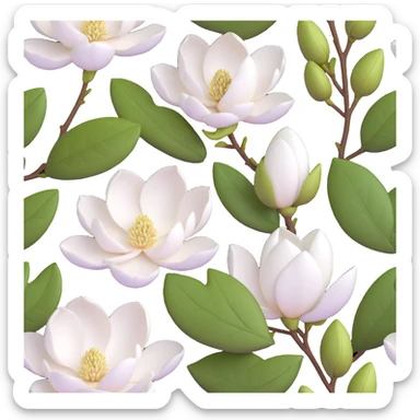 3D icon of a magnolia flower, soft white petals, green leaves, realistic and elegant sticker