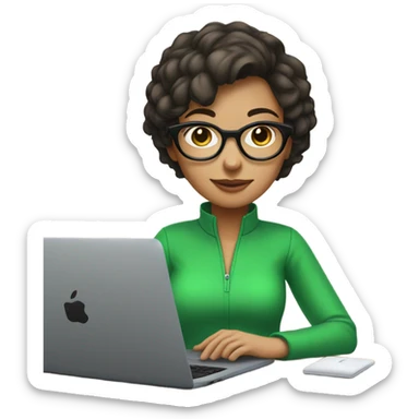 brunette girl with short hair in green clothes that says Kreative Lab and glasses behind laptop  sticker