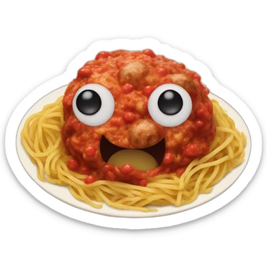 Spaghetti and meatballs with a face, arms and legs, doing something random sticker