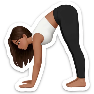 Девушка белокожая с правильным пропорциями тела стоит в позе собака мордой вниз, только человек, с длинными темными волосами, в коротком белом топе, в черных лосинах, с черными ресницами sticker