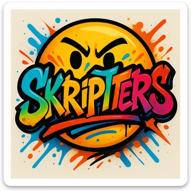 creative emoji featuring the word 'skripters' written in graffiti-style lettering, bright energetic colors, dynamic look sticker