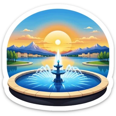 Please generate an image of a sunrise illuminating a lake with a huge fountain like that in the Geneva lake and some mountains in the background. sticker