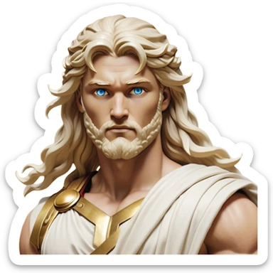 Cinematic Realistic Thor Portrait, depicted as a classical Greek god with a chiseled, sculpted physique reminiscent of ancient marble statues. His fair, luminous skin carries a subtle golden sheen, and his long, wavy, sun-kissed golden hair flows elegantly around his noble face, accentuating his determined, piercing eyes. Draped in a flowing white toga with delicate golden accents and hints of lightning motifs, the portrait is rendered in dynamic natural lighting with a radiant, mythic glow that exudes timeless strength and divine grace. sticker