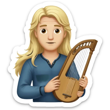 Man with long blonde hair careless holding a lyre sticker