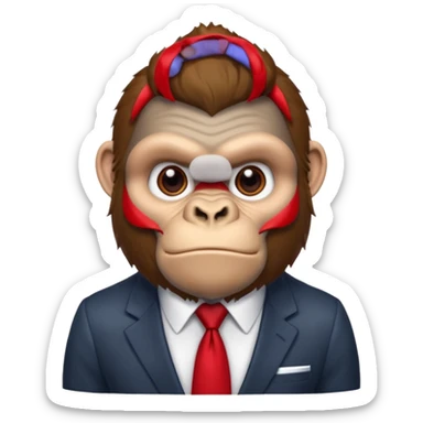 Brown haired cartoon gorilla with tufted tip of hair on the top of his head, light skin tone, heavy brows and cartoony eyes, he is a strong ape with and a red tie, but doesn't were any suit  sticker